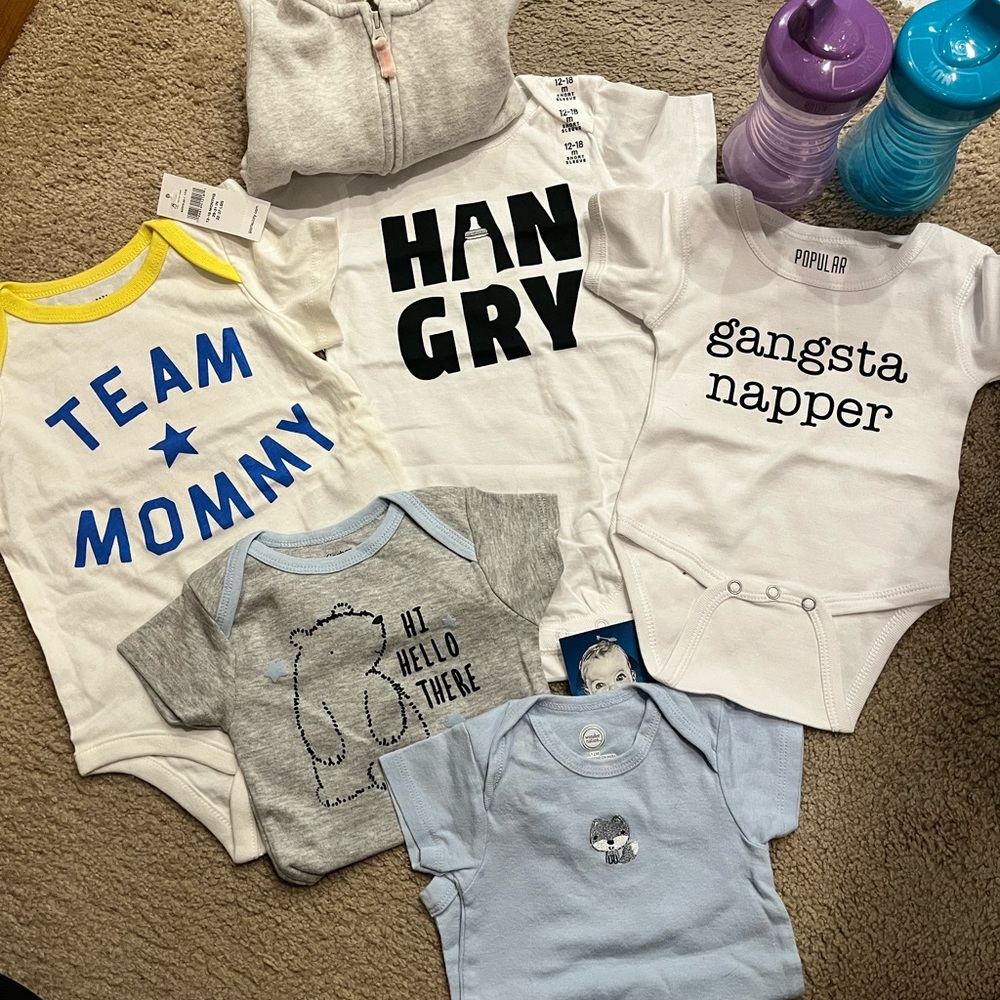 Lot of Baby Onesies 6-9, 18-24 months. Plus 2 sippy cups. New, never worn